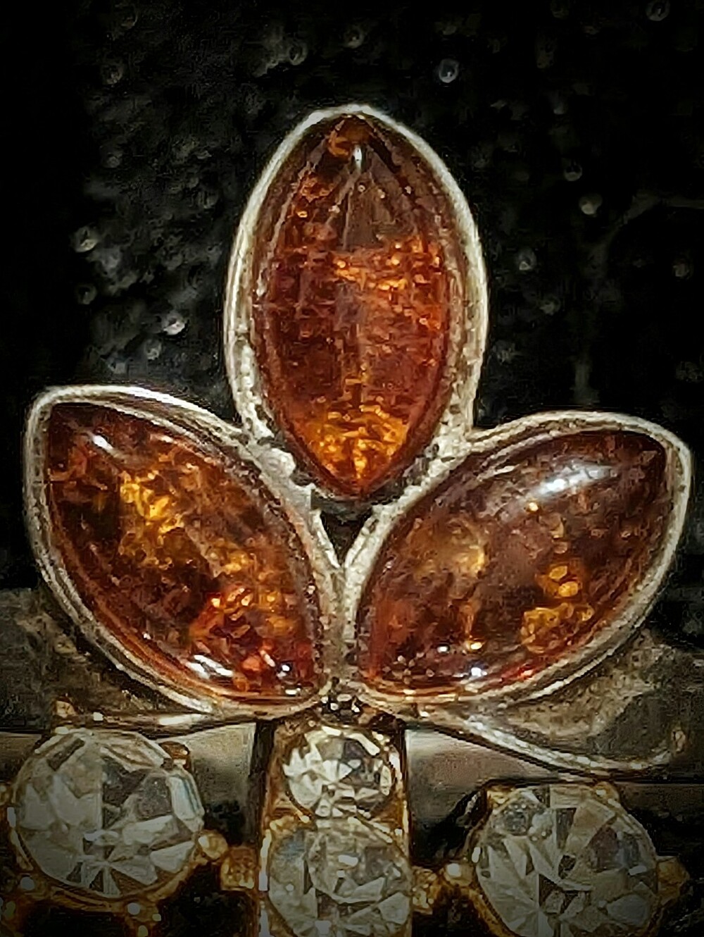 Sterling Silver Ring with Amber Marquise Gemstones - Brown